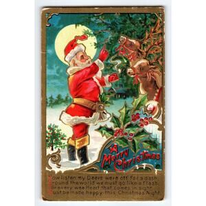 Vintage Santa Claus Christmas Postcard Full Moon with Reindeer & Embossed Holly